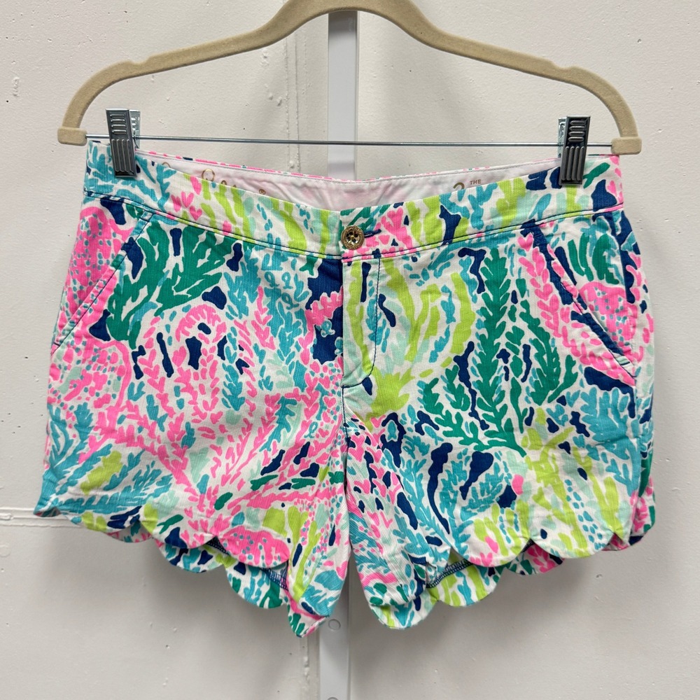 Lilly Pulitzer Buttercup Knit Shorts "Let's Cha Cha" Print Scalloped Hem Sz‎ 2